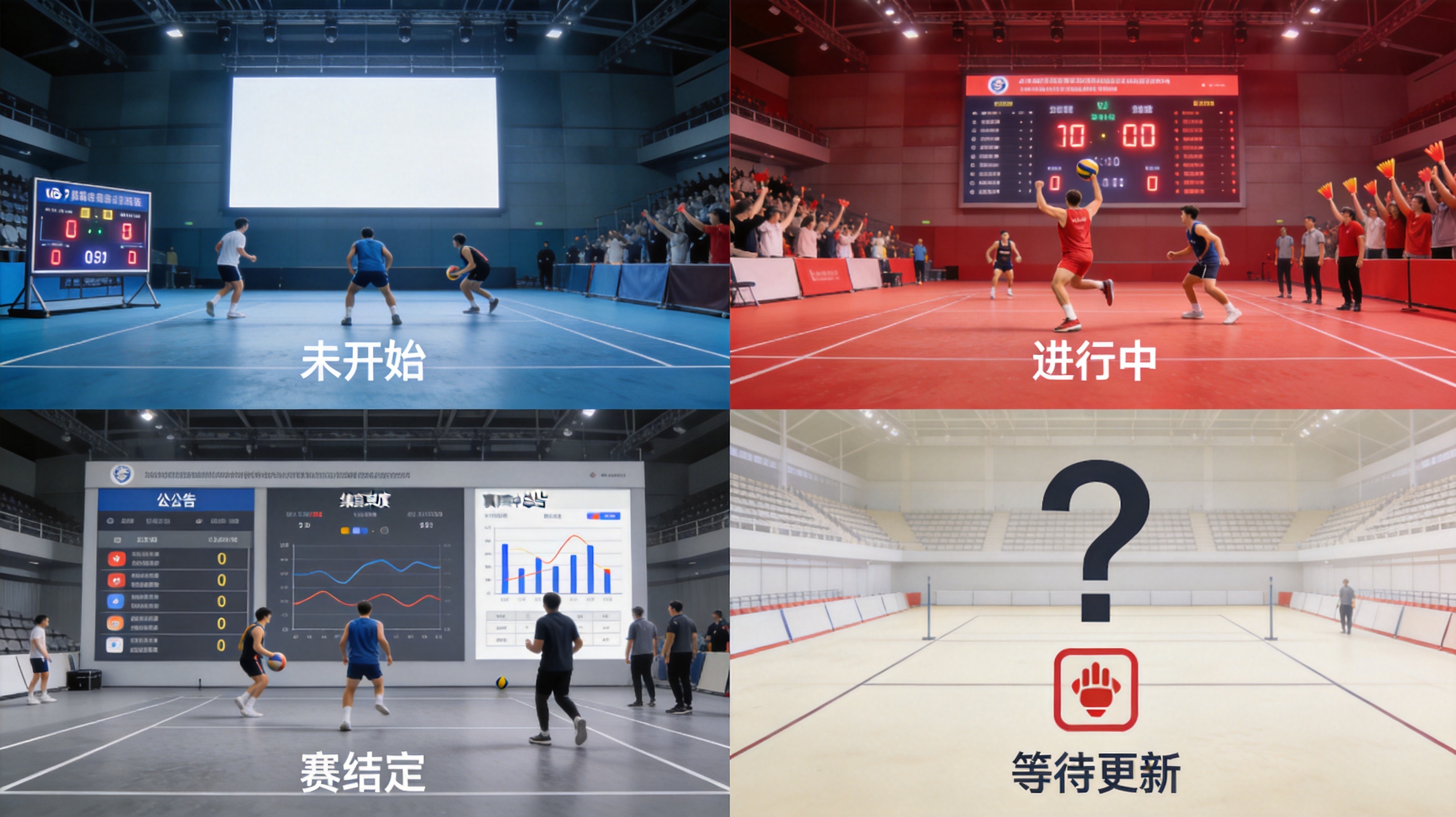 比赛状态标识图，展示未开始、进行中、已结束与待定四种状态的视觉区分方式